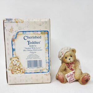 1994 Cherished Teddies 869074 "Sealed With Love" Boy Sitting With Letter Figurin